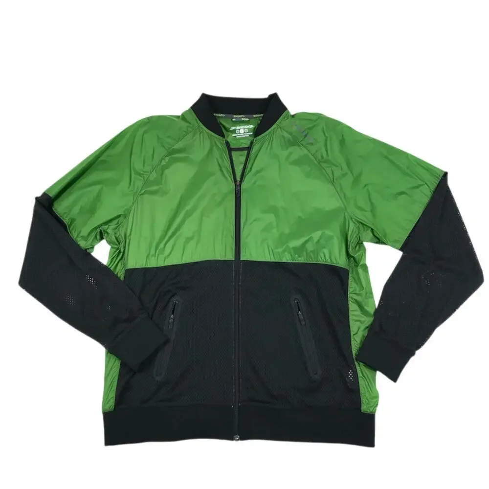 BROOKS Run-Thru Nylon Mesh Colorblock Packable Jacket Sz L Green Black Outdoor